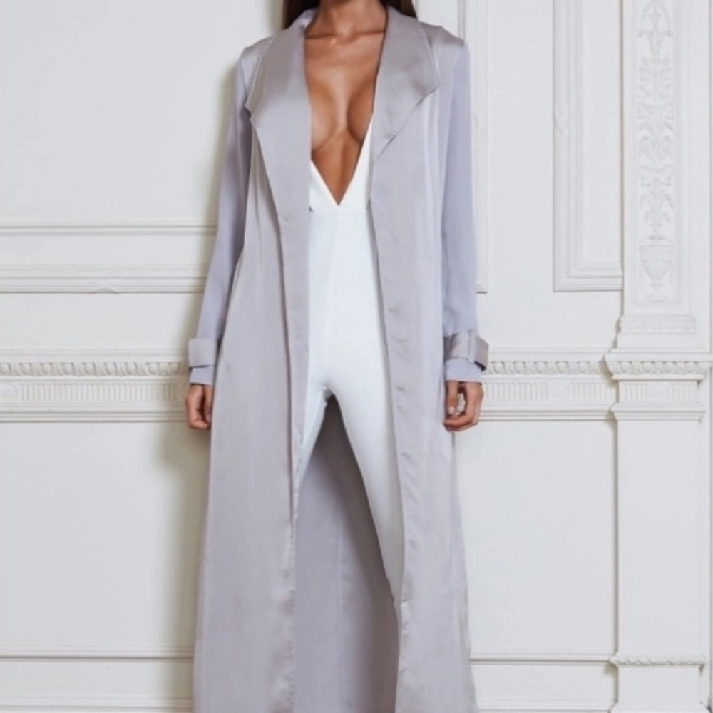 House of CB London Coryn Light Gray Silky Duster Coat.